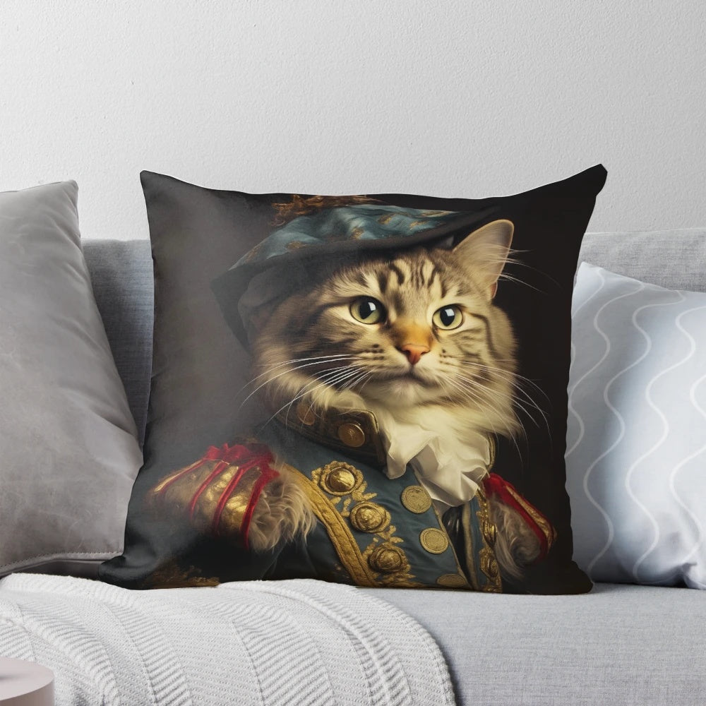 A decorative renaissance-inspired cat pillow with a noble and sophisticated design.