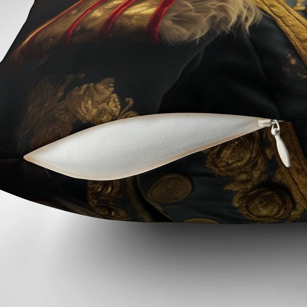 A decorative renaissance-inspired cat pillow with a noble and sophisticated design.