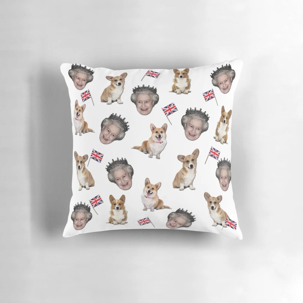 Queen Elizabeth inspired pillow featuring a pattern of corgis, the iconic royal dogs