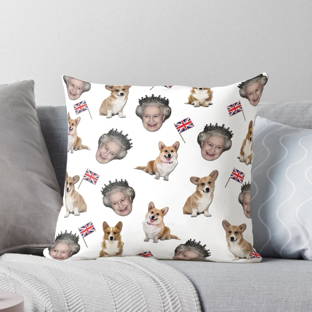 Queen Elizabeth inspired pillow featuring a pattern of corgis, the iconic royal dogs