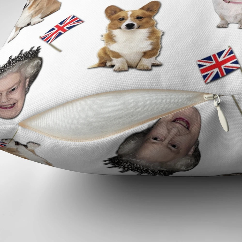 Queen Elizabeth inspired pillow featuring a pattern of corgis, the iconic royal dogs