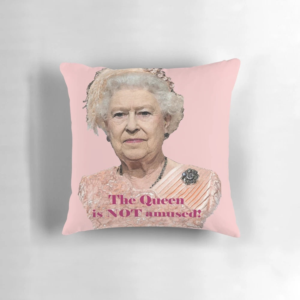 Queen Elizabeth II portrait pillow with "Not Amused" text