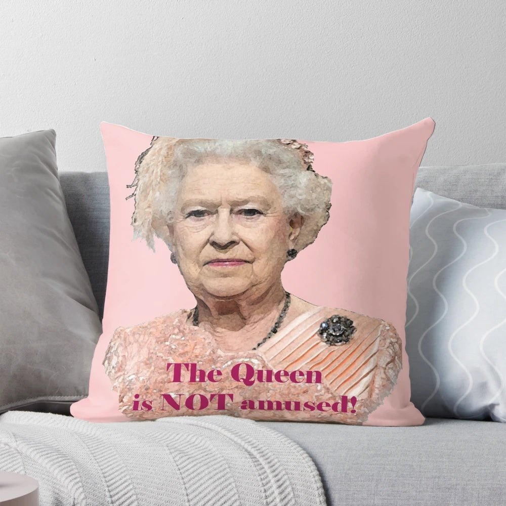 Queen Elizabeth II portrait pillow with "Not Amused" text