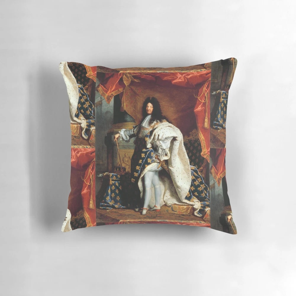 Ornate pillow depicting King Louis XIV of France, the renowned 17th century European monarch known as the "Sun King