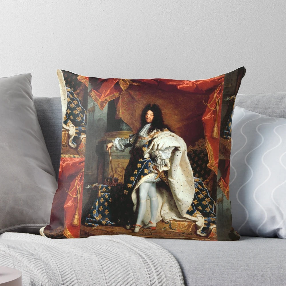 Ornate pillow depicting King Louis XIV of France, the renowned 17th century European monarch known as the "Sun King
