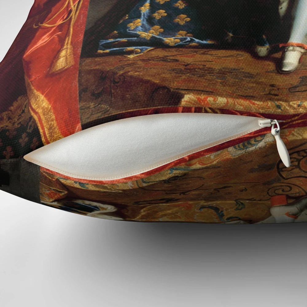 Ornate pillow depicting King Louis XIV of France, the renowned 17th century European monarch known as the "Sun King