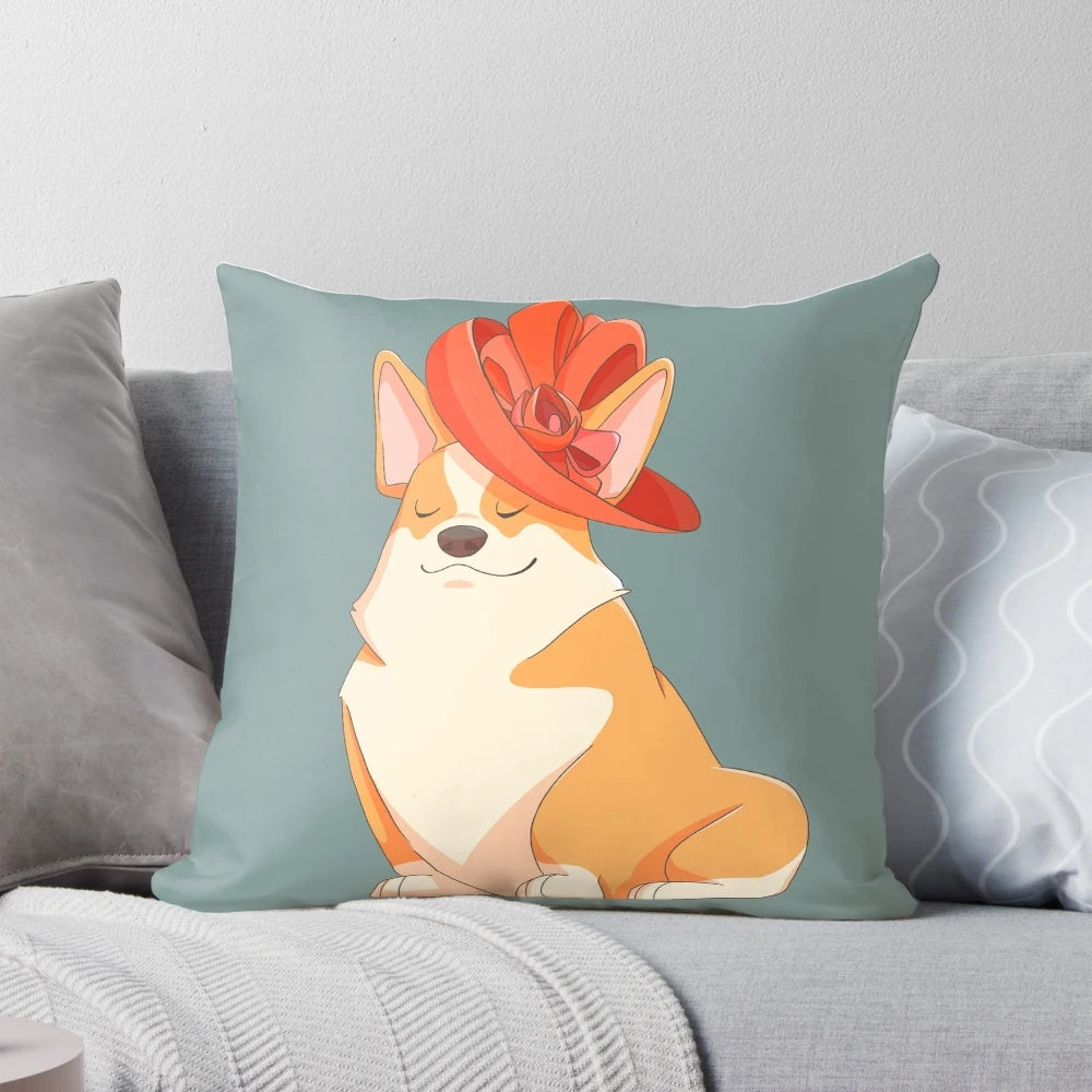 Pembroke Welsh Corgi wearing a regal crown and hat on a decorative pillow