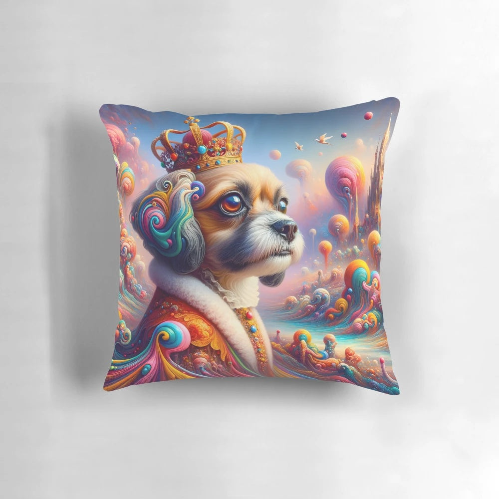 A plush, colorful pillow featuring a regal, majestic puppy design for a cozy and dreamy sleep experience.