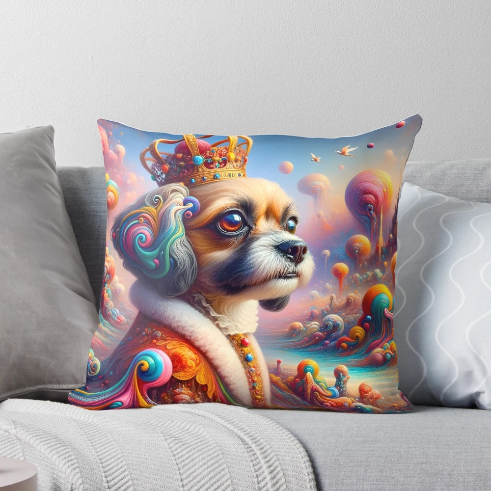 A plush, colorful pillow featuring a regal, majestic puppy design for a cozy and dreamy sleep experience.