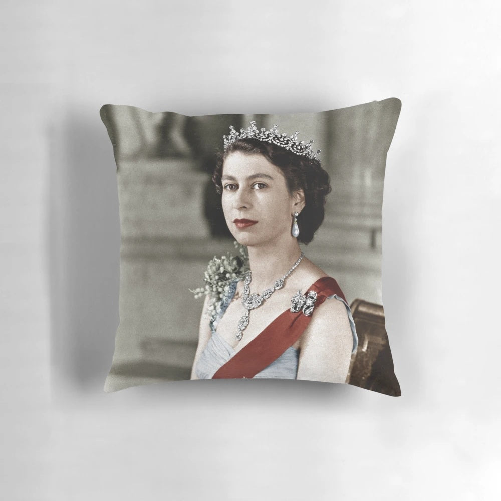 Plush queen elizabeth pillow in regal colors with royal crest