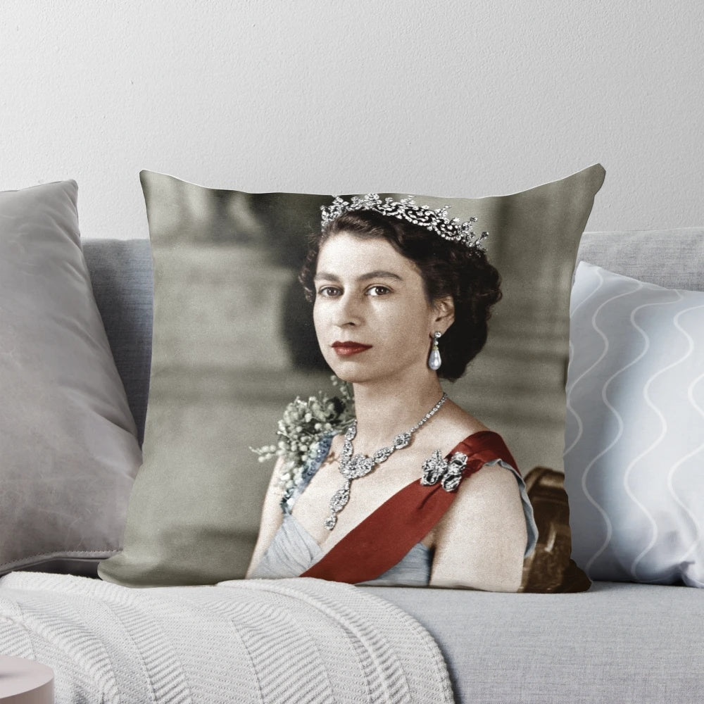 Plush queen elizabeth pillow in regal colors with royal crest