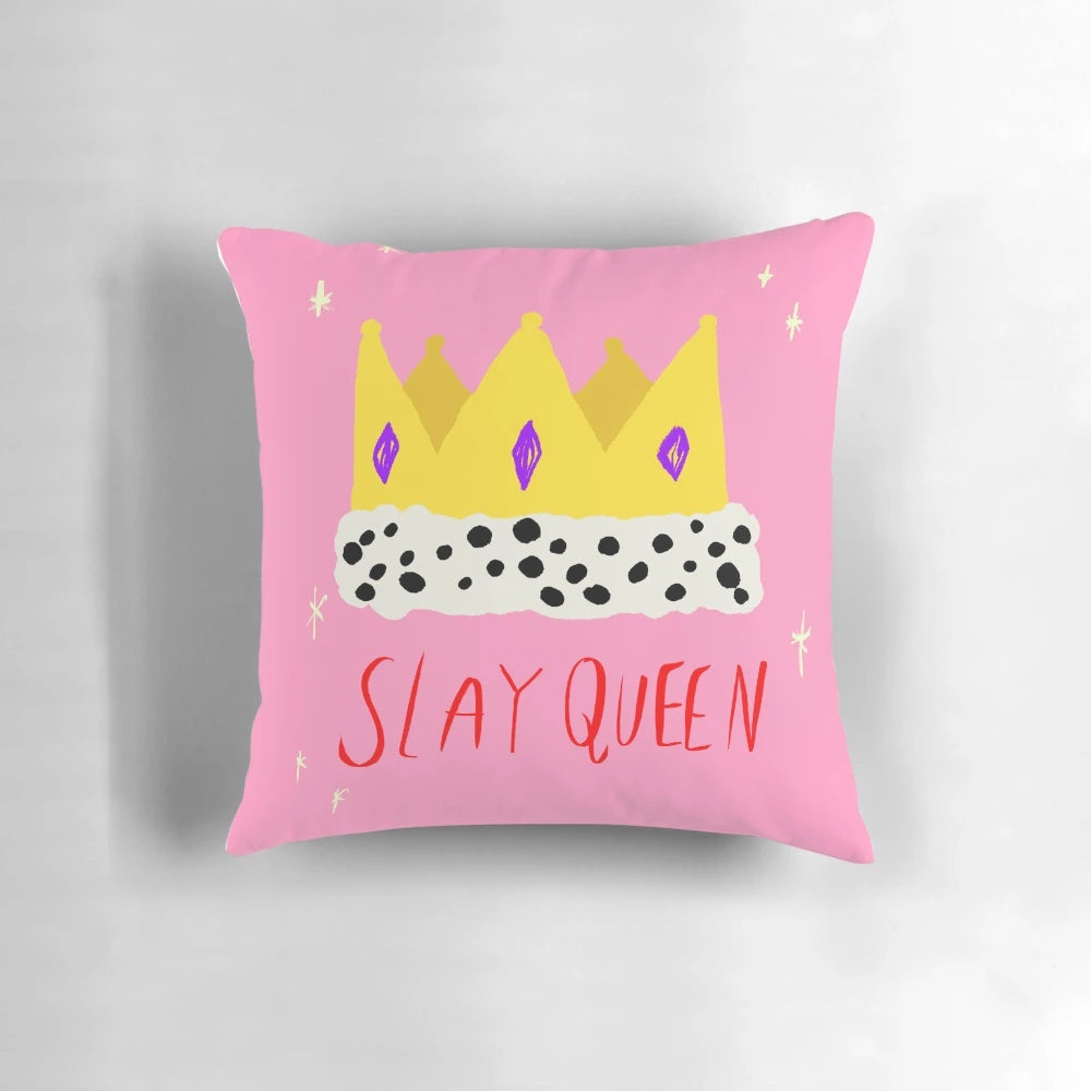 Slay Queen Pillow with a Crown Design in Pink and Purple