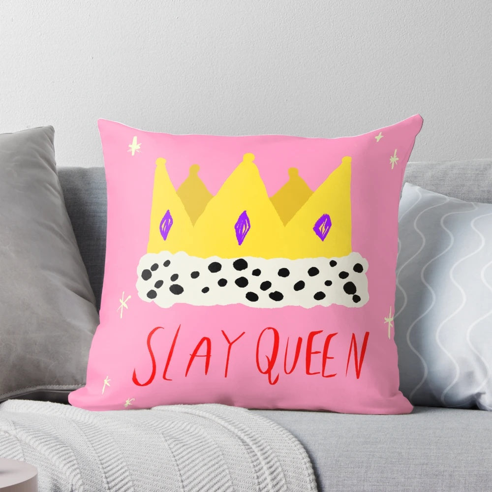 Slay Queen Pillow with a Crown Design in Pink and Purple
