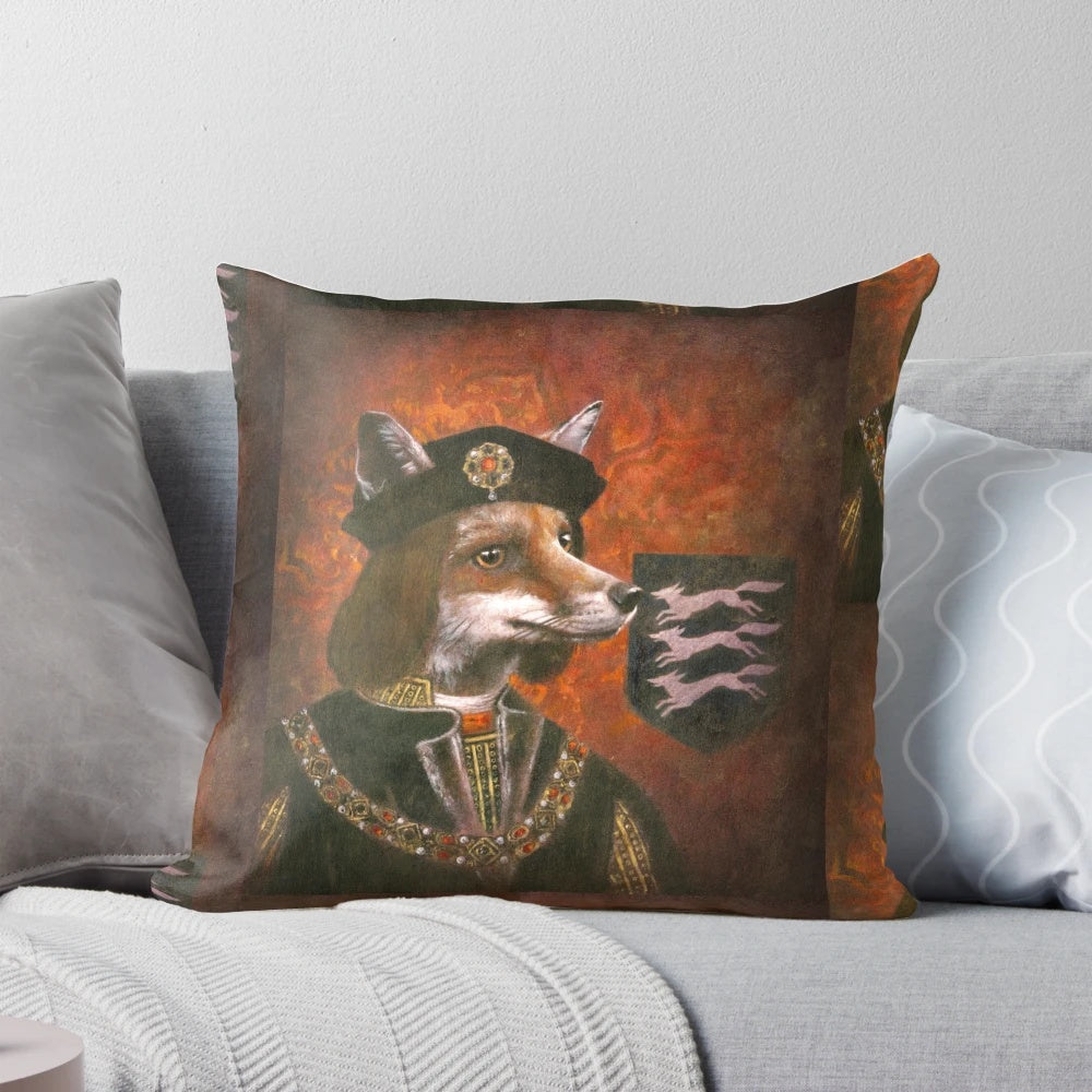 Decorative pillow featuring a red fox in a vintage-style painting, celebrating the legacy of King Richard III.