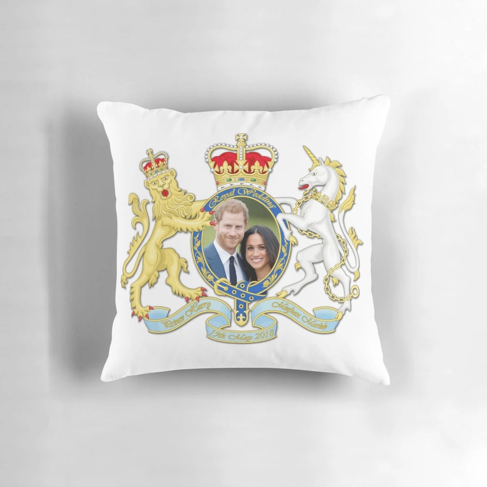 Decorative pillow featuring the portrait of Prince Harry and Meghan Markle, the royal couple.