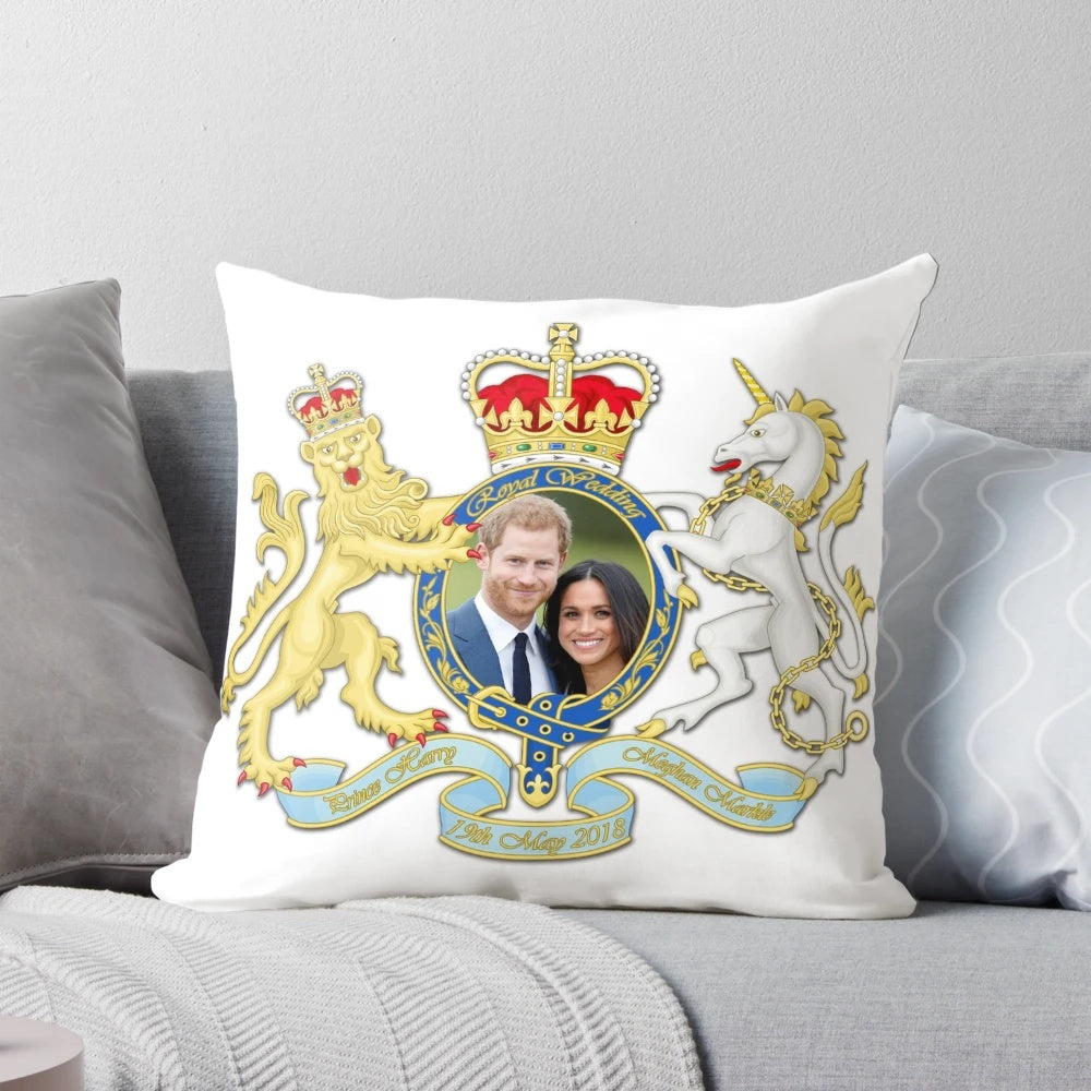 Decorative pillow featuring the portrait of Prince Harry and Meghan Markle, the royal couple.