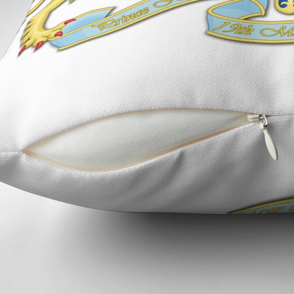 Decorative pillow featuring the portrait of Prince Harry and Meghan Markle, the royal couple.