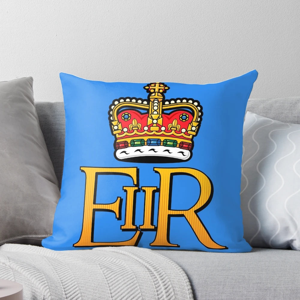 Decorative pillow featuring the royal cypher of Queen Elizabeth II, a symbol of British royalty