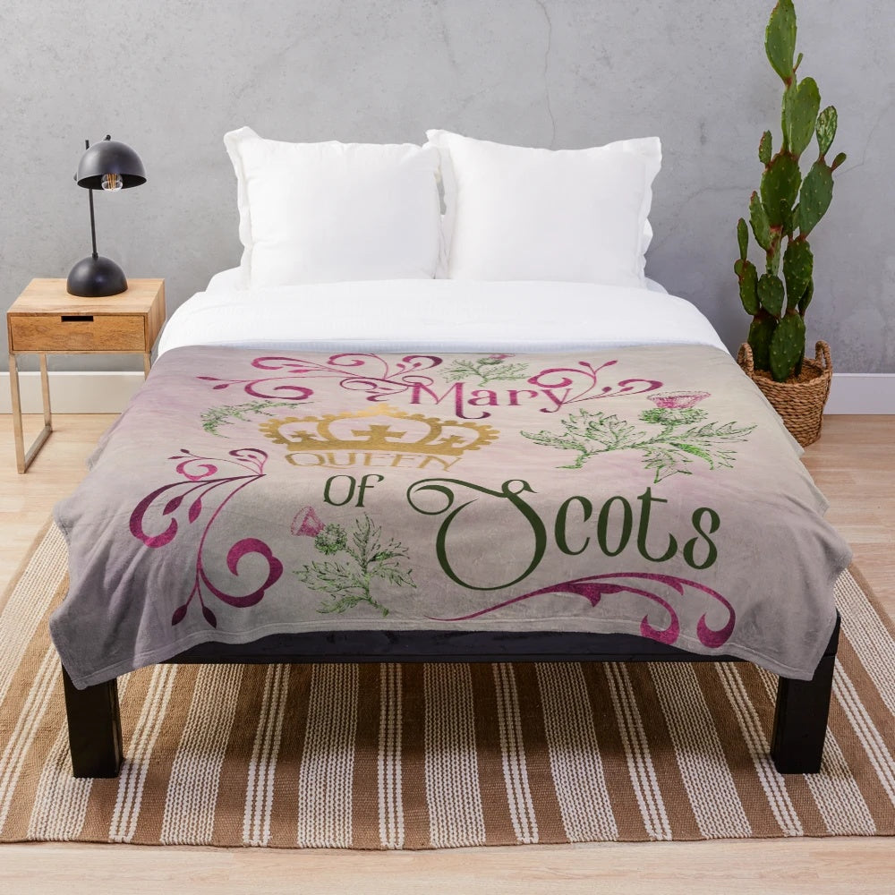 Mary Queen of Scots inspired plush blanket featuring Scottish thistles and typography