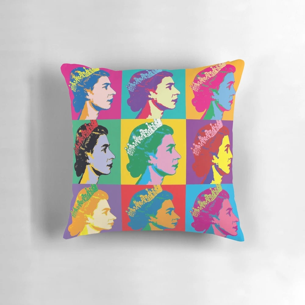 Vibrant pop art design featuring a portrait of Queen Elizabeth II