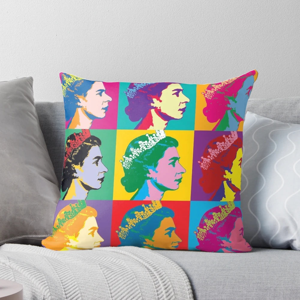 Vibrant pop art design featuring a portrait of Queen Elizabeth II