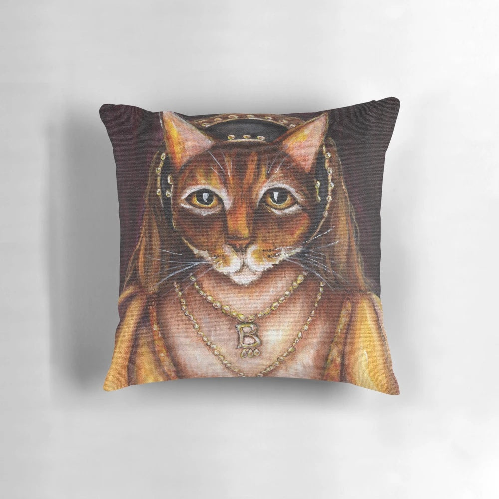 Stylized portrait of an Abyssinian cat in Tudor-era attire, representing Anne Boleyn and King Henry VIII.