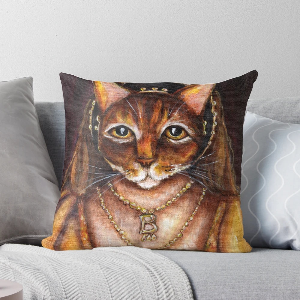 Stylized portrait of an Abyssinian cat in Tudor-era attire, representing Anne Boleyn and King Henry VIII.