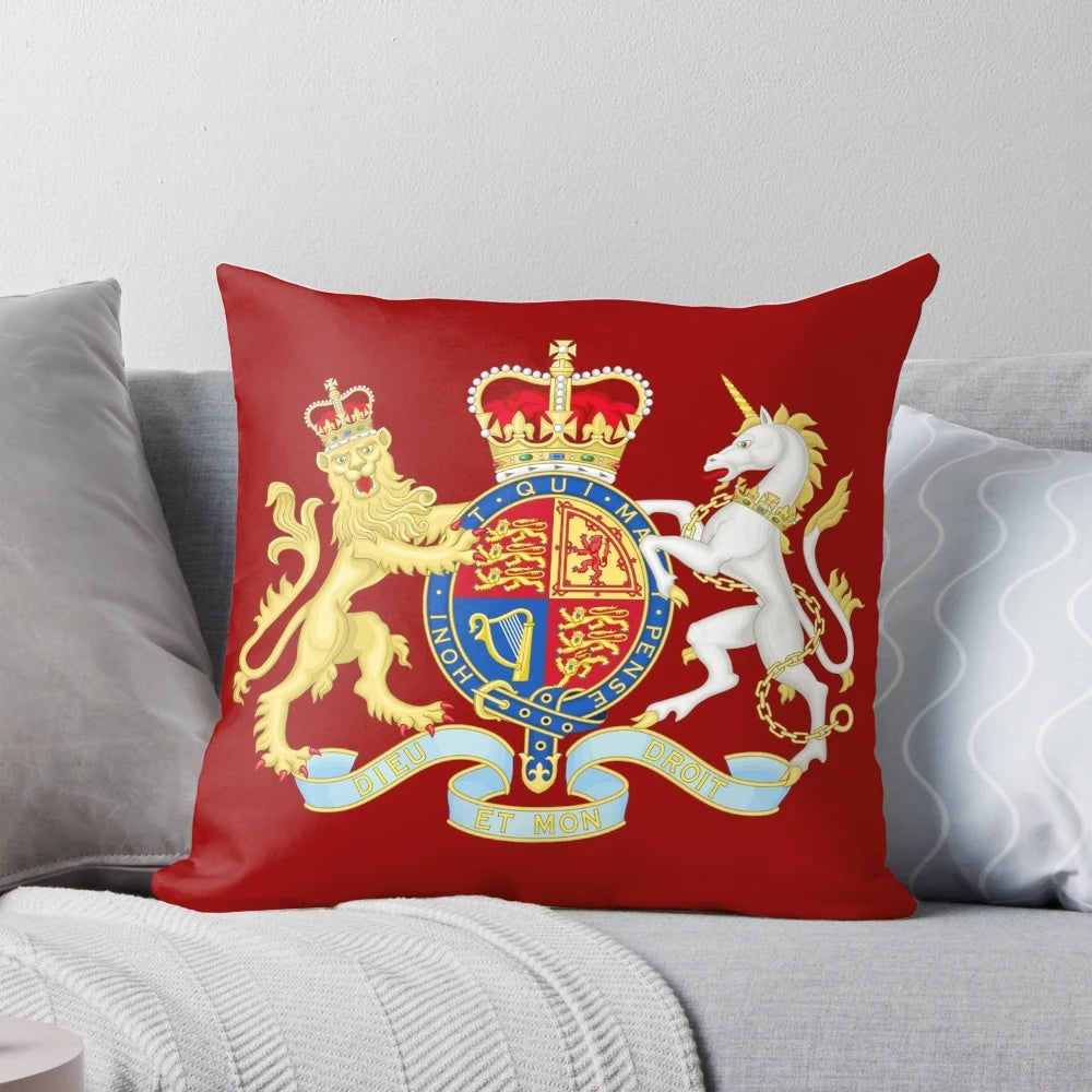 Decorative pillow featuring the iconic royal coat of arms of the United Kingdom