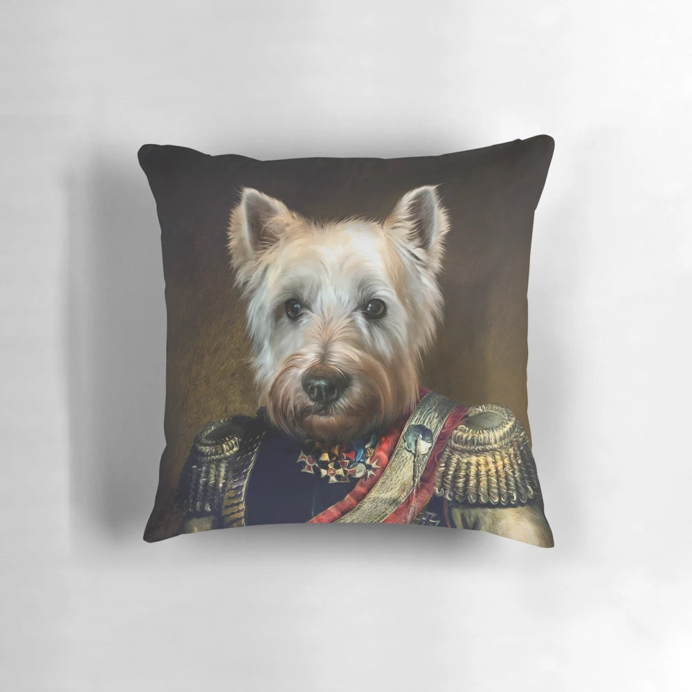 A regal and anthropomorphic portrait of a West Highland White Terrier dog, captured in the style of Old Masters paintings.
