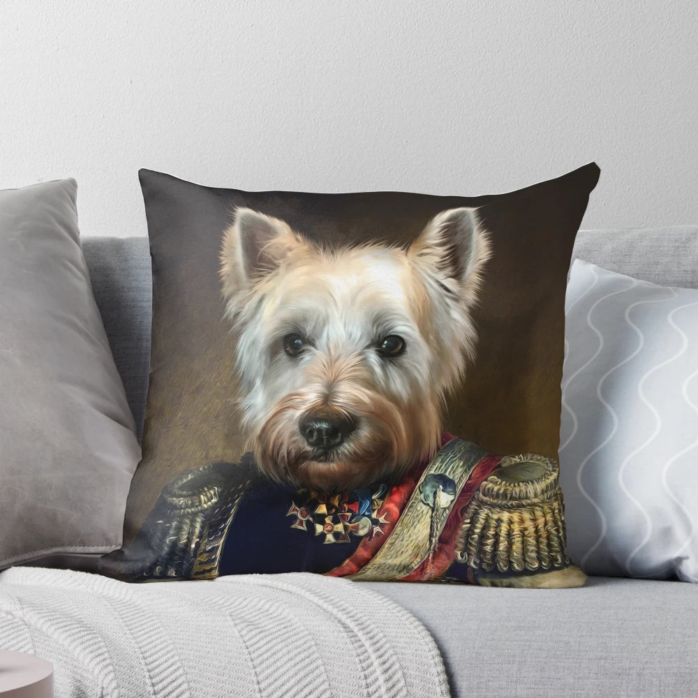 A regal and anthropomorphic portrait of a West Highland White Terrier dog, captured in the style of Old Masters paintings.