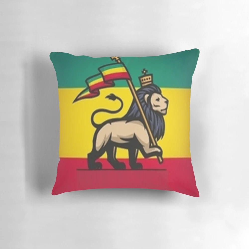 Vibrant Lion of Judah pillow with reggae-inspired colors