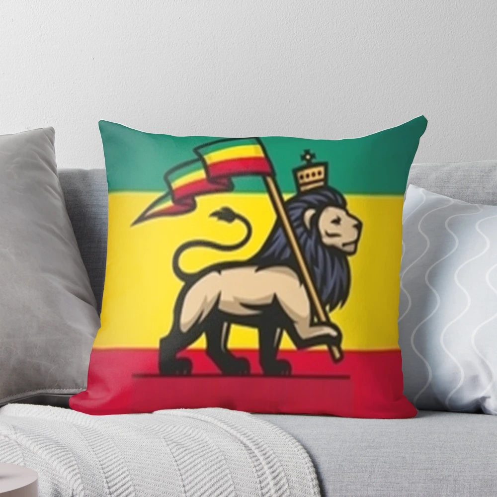 Vibrant Lion of Judah pillow with reggae-inspired colors