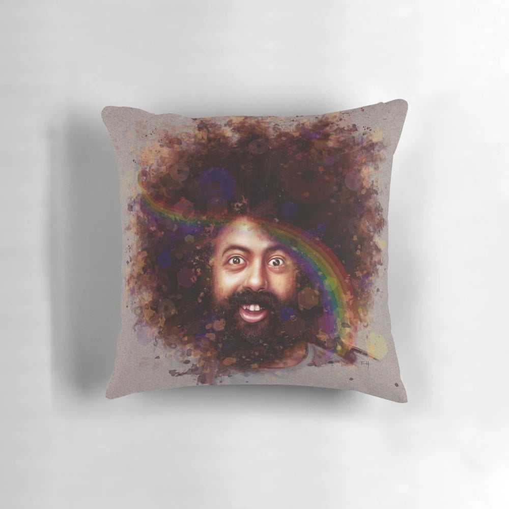 Reggie Watts digital portrait pillow with comedy and music themes
