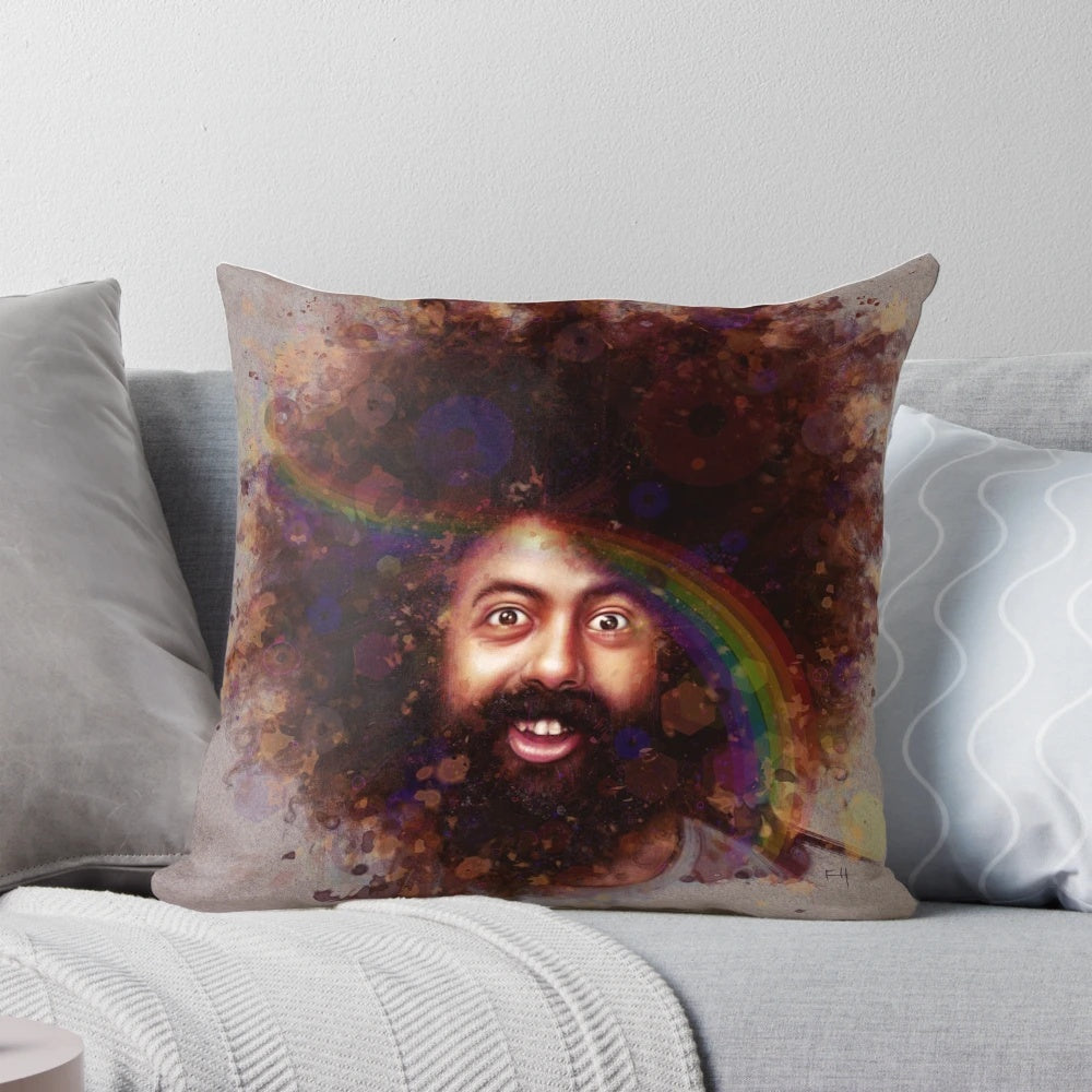 Reggie Watts digital portrait pillow with comedy and music themes