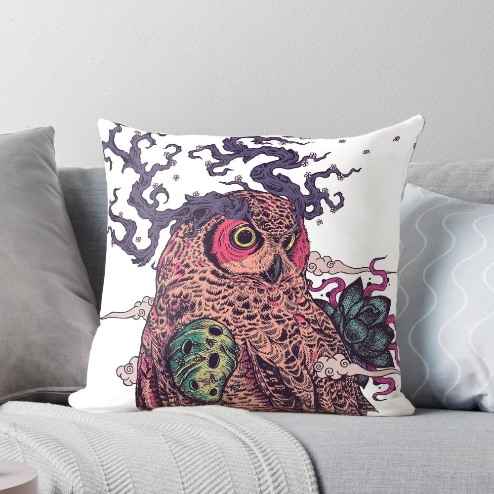Regrowth Pillow featuring a surreal image of a great horned owl, snake, and lotus flower symbolizing the cycles of life and nature.