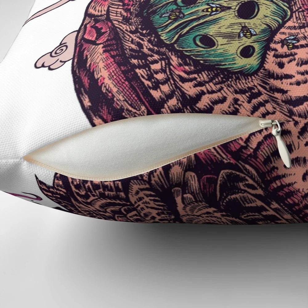 Regrowth Pillow featuring a surreal image of a great horned owl, snake, and lotus flower symbolizing the cycles of life and nature.