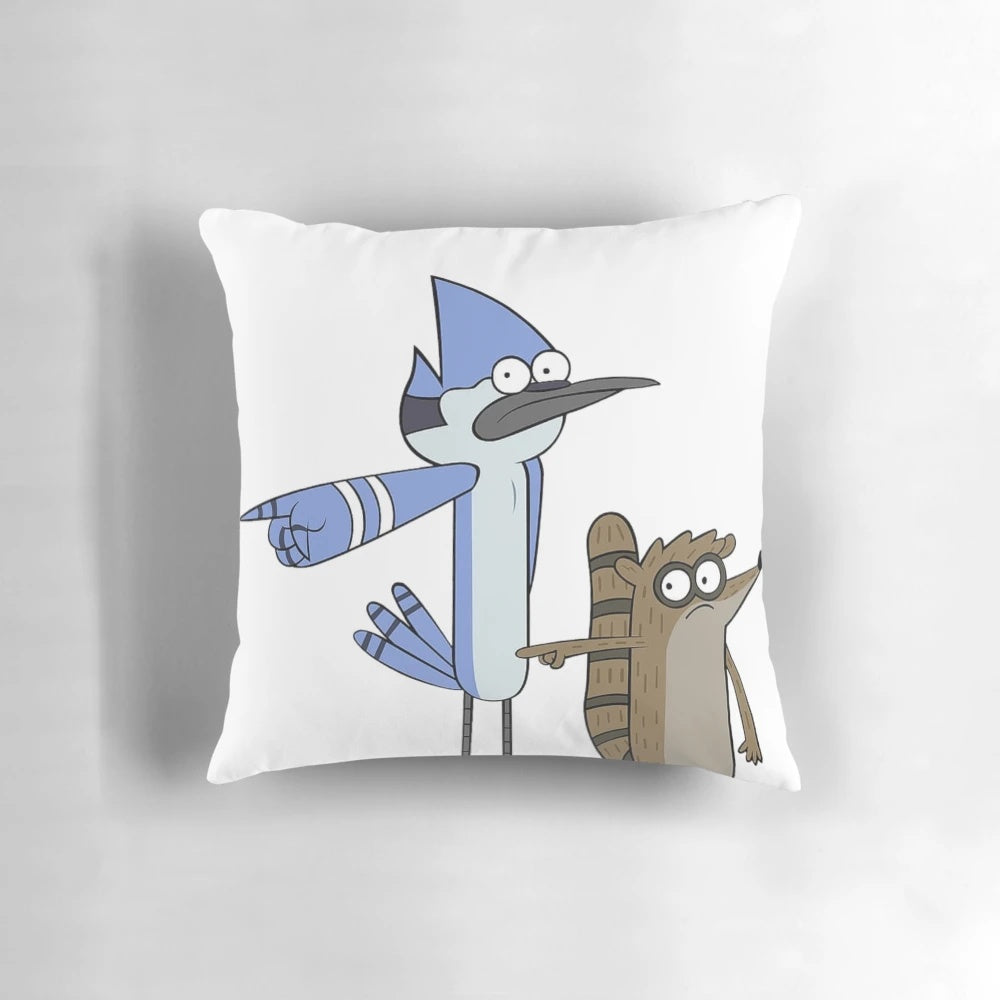 Mordecai and Rigby, the iconic cartoon characters from Regular Show, pointing on a cozy pillow