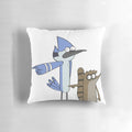 Mordecai and Rigby, the iconic cartoon characters from Regular Show, pointing on a cozy pillow