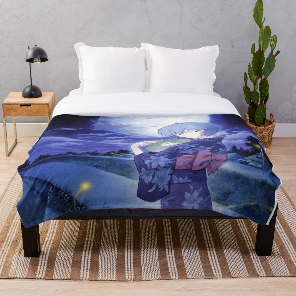 Rei Ayanami inspired plush blanket with kimono and moon design