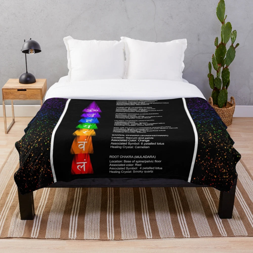 Reiki Chakra Plush Blanket featuring chakra symbols and meanings