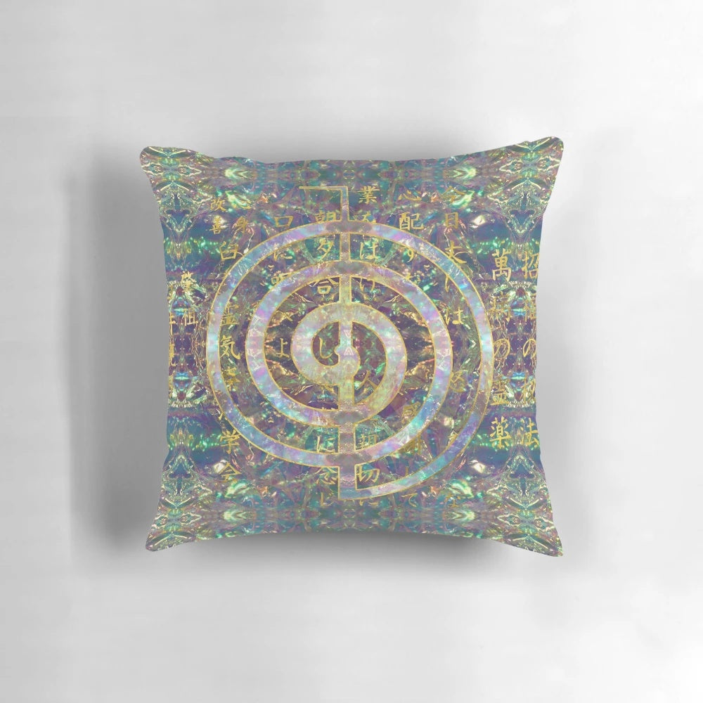 Gold choku rei symbol and reiki precepts printed on a plush, high-quality pillow for meditation, reiki, and spiritual healing.