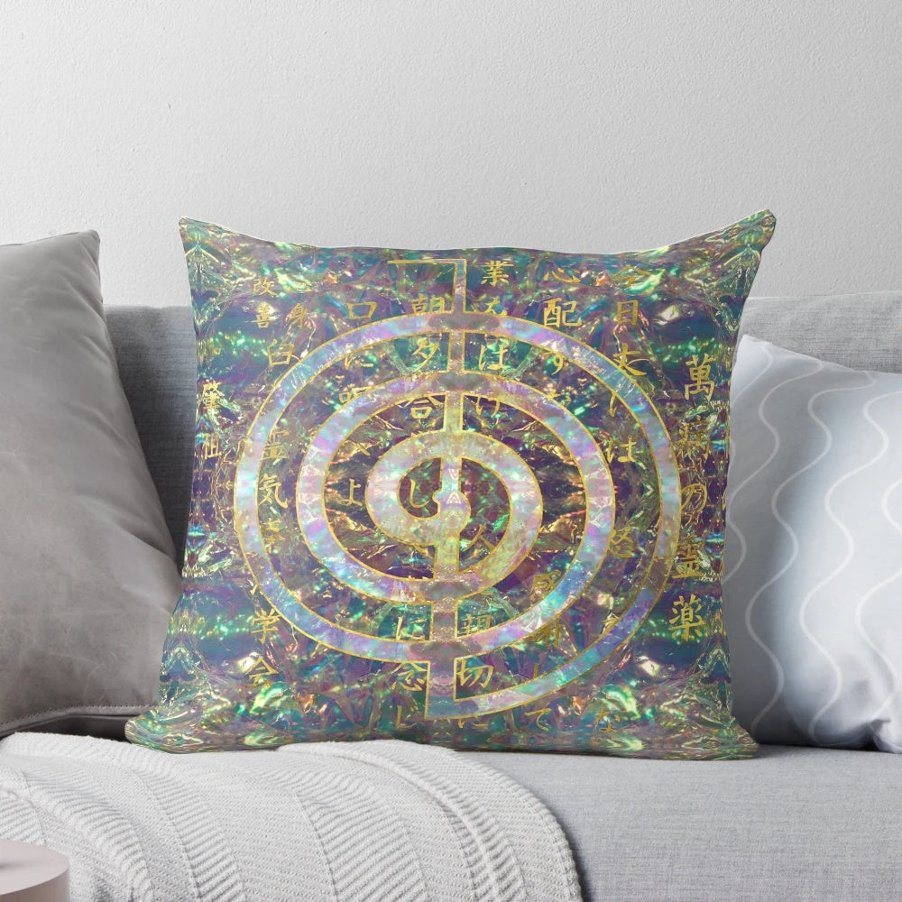 Gold choku rei symbol and reiki precepts printed on a plush, high-quality pillow for meditation, reiki, and spiritual healing.
