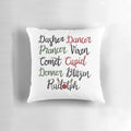 Reindeer names Christmas pillow with Dasher, Dancer, Prancer, Vixen, Comet, Cupid, Donner, and Blitzen