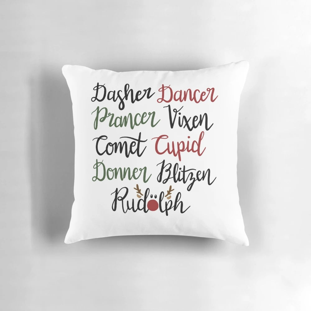 Reindeer names Christmas pillow with Dasher, Dancer, Prancer, Vixen, Comet, Cupid, Donner, and Blitzen