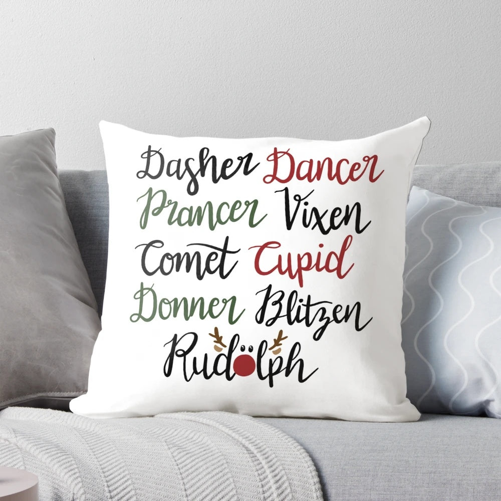 Reindeer names Christmas pillow with Dasher, Dancer, Prancer, Vixen, Comet, Cupid, Donner, and Blitzen