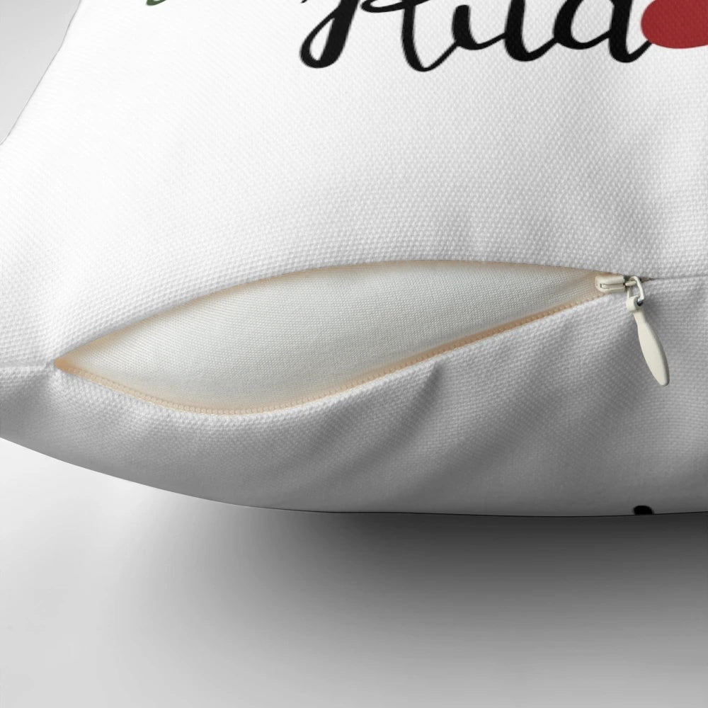 Reindeer names Christmas pillow with Dasher, Dancer, Prancer, Vixen, Comet, Cupid, Donner, and Blitzen
