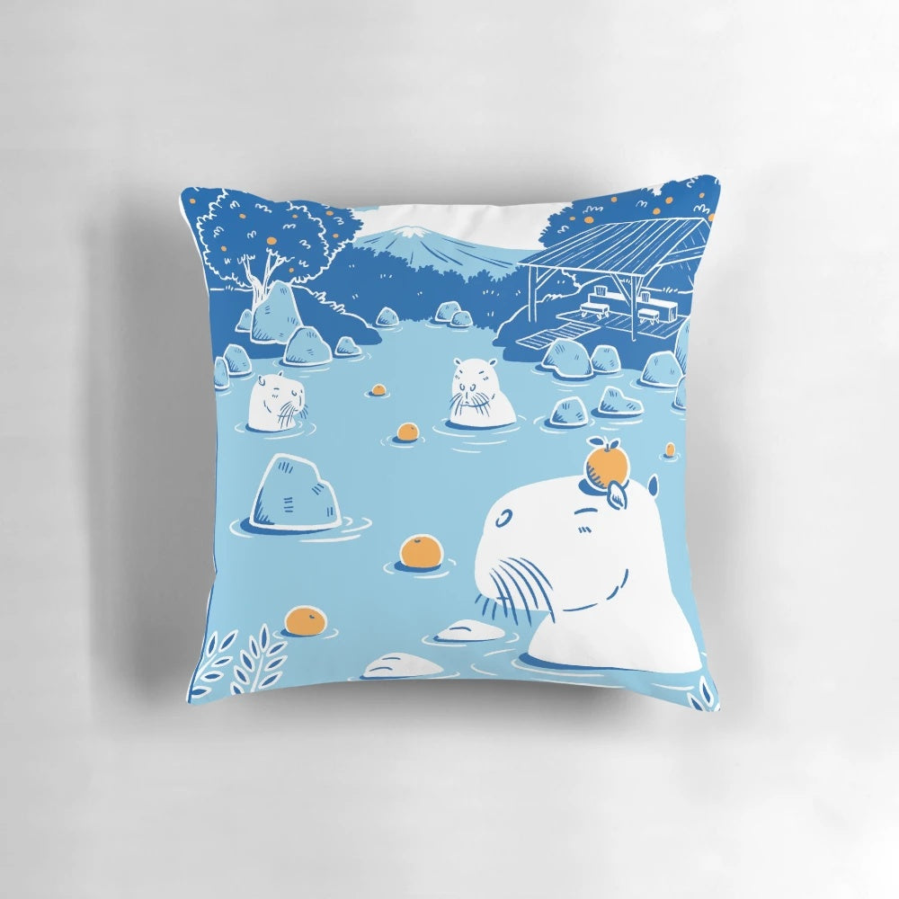 Fluffy capybara relaxing in yuzu-scented onsen hot spring, featured on a cozy pillow