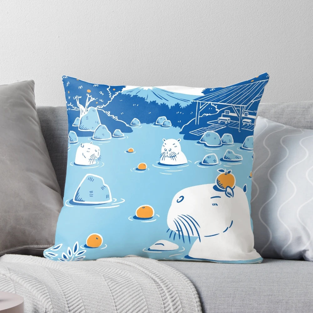 Fluffy capybara relaxing in yuzu-scented onsen hot spring, featured on a cozy pillow