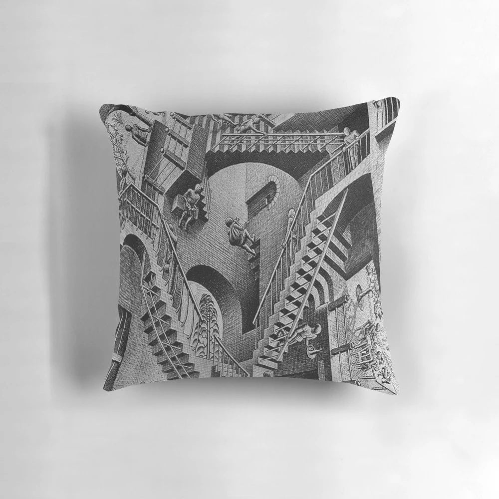 Relativity Escher optical illusion pillow with abstract and geometric design
