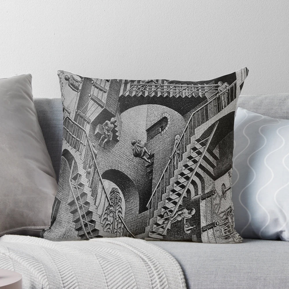 Relativity Escher optical illusion pillow with abstract and geometric design
